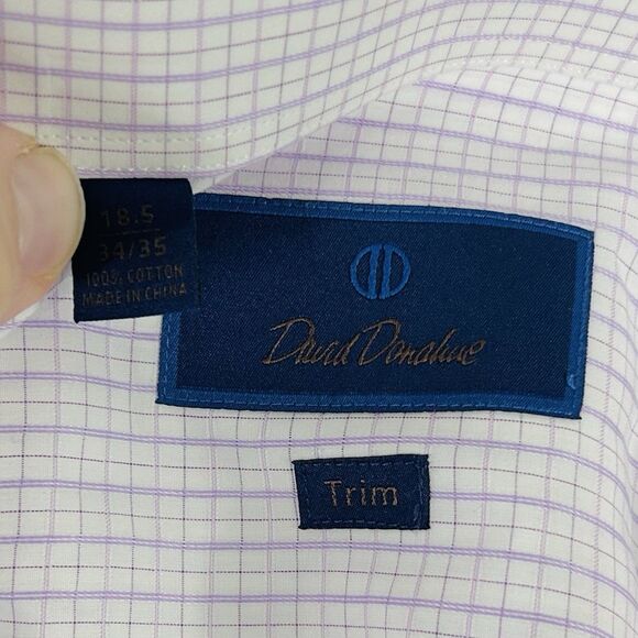 David Donahue 18.5 34/35 Trim Fit Dress Shirt Purple White Plaid 100% Cotton - Picture 3 of 5